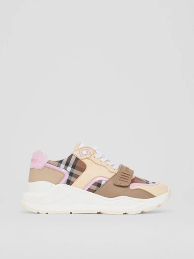 Shop Burberry Check Cotton And Leather Sneakers In Birch Brown/pink