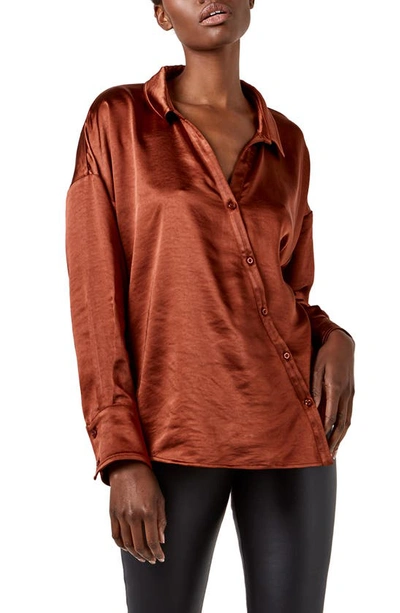 Shop As By Df Parisienne Asymmetric Button-up Hammered Satin Blouse In Cognac