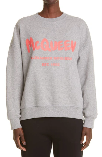 Shop Alexander Mcqueen Graffiti Logo Oversize Cotton Sweatshirt In Grey Melange/ Coral