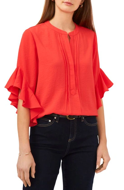Shop Vince Camuto Ruffle Sleeve Split Neck Blouse In Red