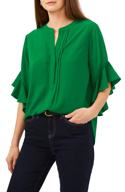 Shop Vince Camuto Ruffle Sleeve Split Neck Blouse In Green