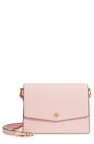 Shop Tory Burch Robinson Convertible Leather Shoulder Bag In Pale Apricot / Royal Navy