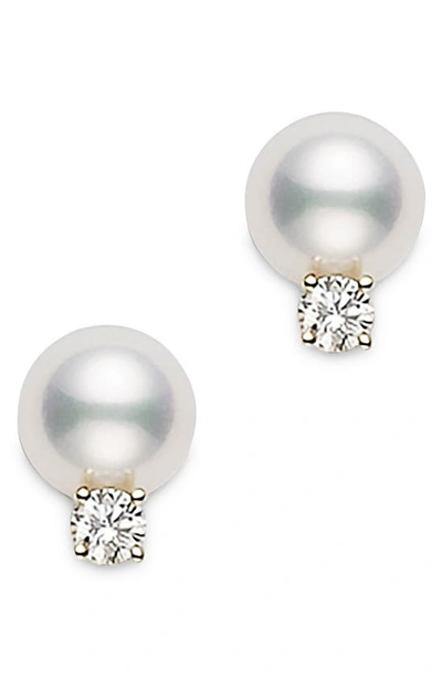 Shop Mikimoto Cultured Pearl & Diamond Stud Earrings In Yellow Gold