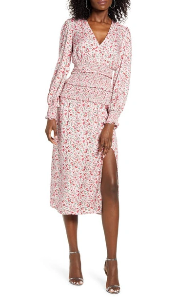 Shop Afrm Hazel Floral Smocked Long Sleeve Midi Dress In Baby Pink Ditsy