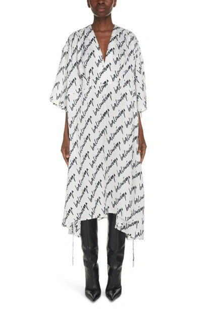 Shop Balenciaga Scribble Logo Stripe Oversize Silk Midi Dress In White/ Black