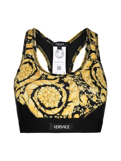 Shop Versace Baroque Sports Bra With Print In Black