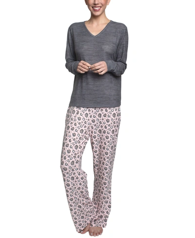 Shop Muk Luks Butter-knit V-neck & Flare-leg Pants Lounge Set In Grey Leopard
