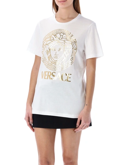 Shop Versace Gold-tone Medusa T-shirt In White Gold
