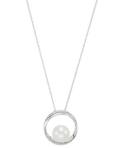 Shop Honora Cultured Freshwater Pearl (9mm) & Diamond (1/10 Ct. T.w.) Circle 18" Pendant Necklace In 14k White G In White Gold
