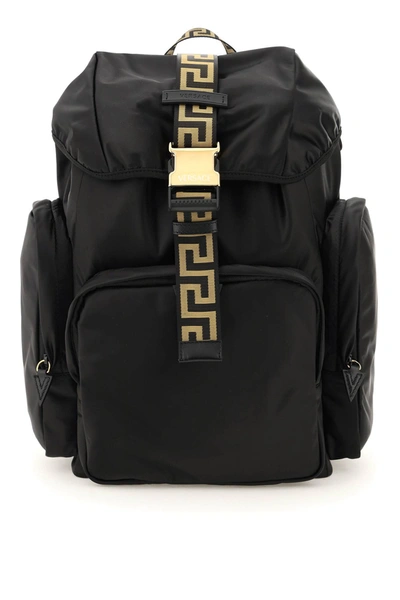 Shop Versace Nylon Greca Backpack In Black,gold
