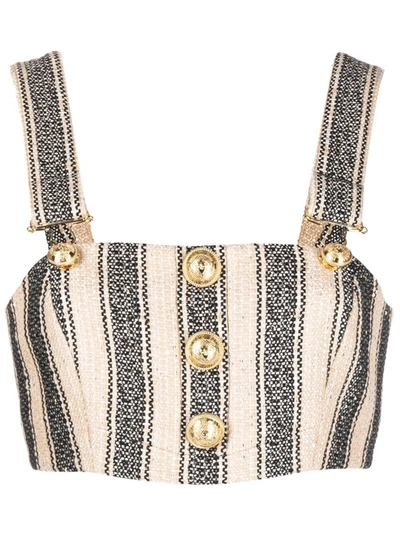Balmain Cotton Blend Piqué Crop Top W/ Buttons In Neutrals