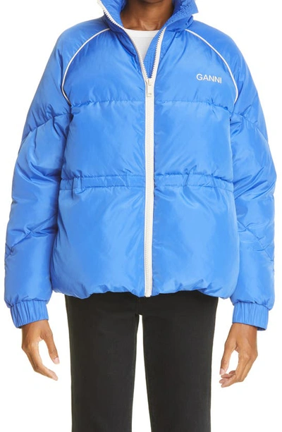 Shop Ganni Funnel Neck Recycled Polyester Puffer Jacket In Dazzling Blue