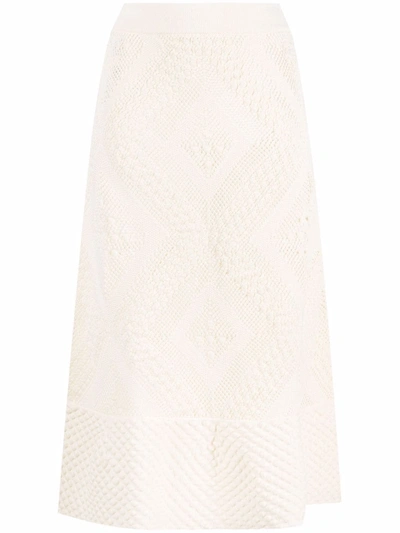 Jil Sander White Open-knit Patterned Midi Skirt In White