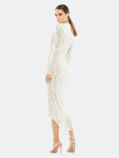 Shop Mac Duggal Sequin Knotted Long Sleeve Midi Dress In Nude Silver