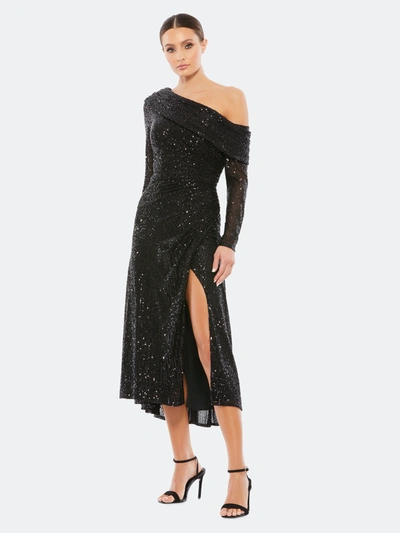 Shop Mac Duggal One-shoulder Sequin Long Sleeve Midi Dress In Black