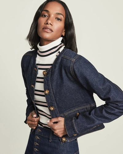 Shop Veronica Beard Sadler Collarless Denim Jacket In Indigo