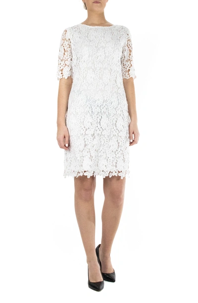 Shop Nina Leonard Jewel Neck Lace Dress In Ivory