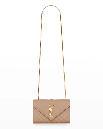 Shop Saint Laurent Envelope Triquilt Small Ysl Shoulder Bag In Grained Leather In Dark Beige