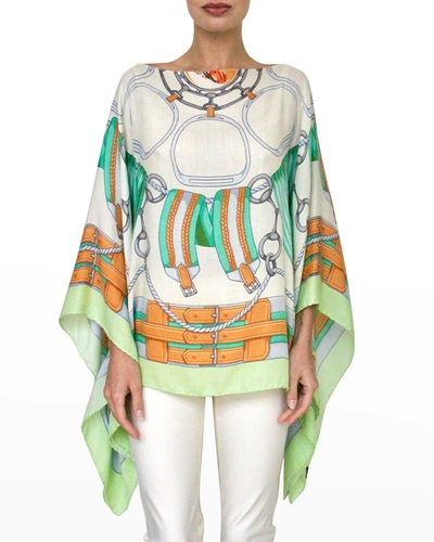 Shop Rani Arabella Printed Cashmere-blend Scarf Poncho In Forest