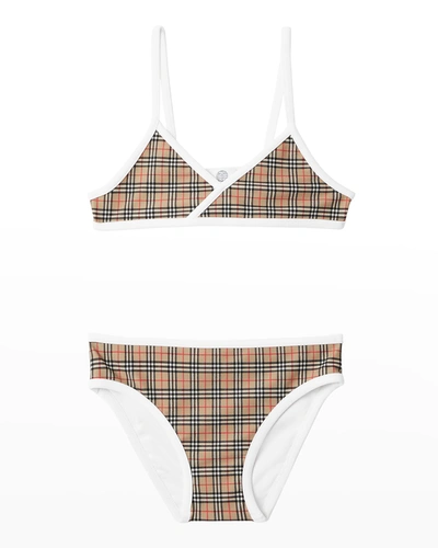 Shop Burberry Girl's Crosby Micro Vintage Check Bikini Set In Archive Beige Ip