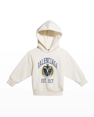 Shop Balenciaga Kid's University Crest Logo Hoodie In Off Whiteblue