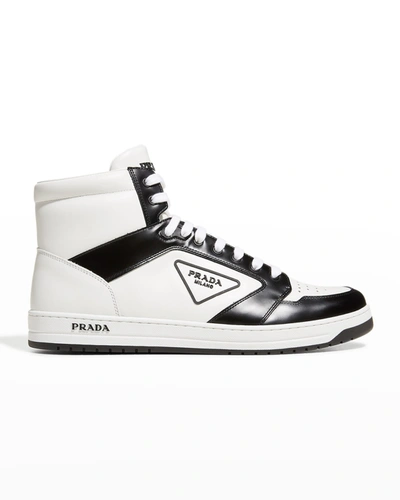 Shop Prada Men's Avenue Logo Bicolor High-top Sneakers In Bianco Ner