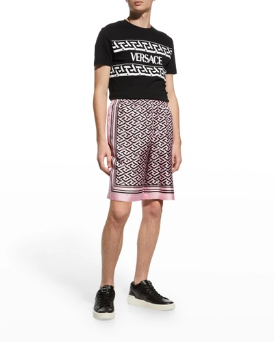 Shop Versace Men's Greca-print Silk Shorts In Candyblack