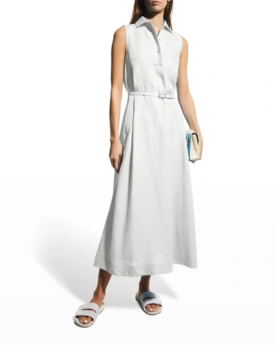 Shop Loro Piana Leyla Collared Linen Belted Midi Dress In 1005 Optical Whit