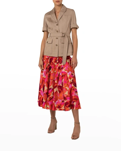 Shop Akris Punto Tropical Leaves-print Pleated Midi Skirt In Hot Pink Multicol