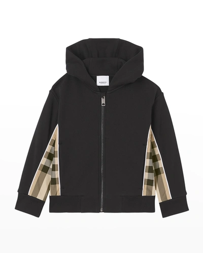Shop Burberry Boy's Graham Check-insert Hoodie Jacket In Black