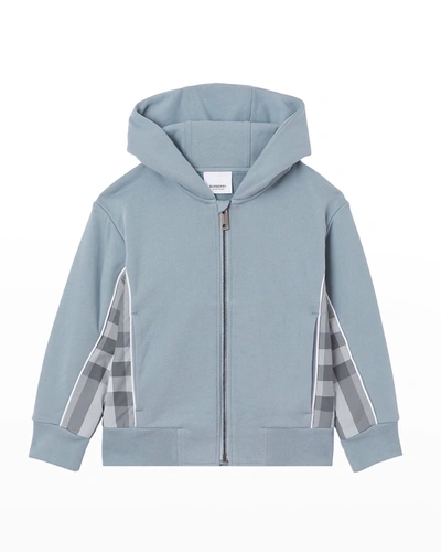 Shop Burberry Boy's Graham Check-insert Hoodie Jacket In Shale Blue