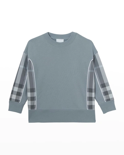 Shop Burberry Girl's Milly Check-insert Sweatshirt In Shale Blue