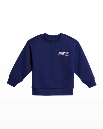 Shop Balenciaga Kid's Political Logo Crewneck Sweatshirt In Pacific Bluewhite