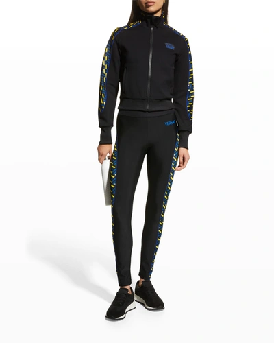 Shop Versace Greca Logo Track Jacket In Black Blue