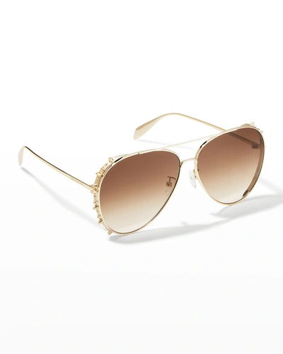 Shop Alexander Mcqueen Men's Studded Aviator Sunglasses In 002 Light Gold