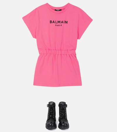 Shop Balmain Logo Cotton Jersey Dress In Fuxia Fluo