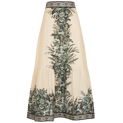 Shop Zimmermann Mooshine Floral-print Linen Midi Skirt In Multicoloured