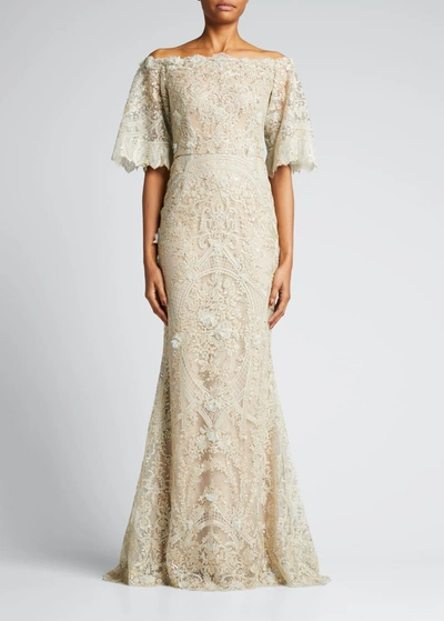 Shop Marchesa Sequined Off-the-shoulder Embroidered Trumpet Gown In Silver