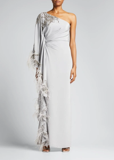 Shop Marchesa One-shoulder Embellished Feather-trim Gown In Dove Grey