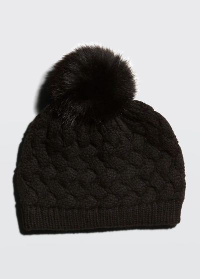 Shop Raffaello Bettini Honeycomb Knit Cashmere Beanie W/ Fur Pompom In Black