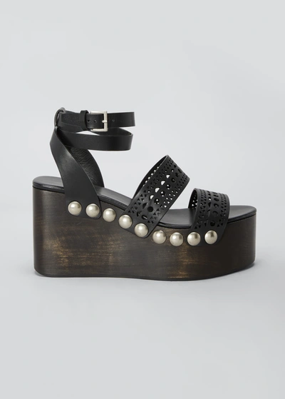 Shop Alaïa 85mm Wooden-heel Wedge Sandals With Vienne Leather Straps And Studs In 999 Noir