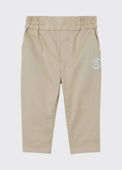 Shop Burberry Boy's Leonard Tb Embroidered Chino Pants In Soft Fawn