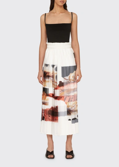 Shop Agnona Abstract Shell-print Pleated Satin Skirt In Bianco