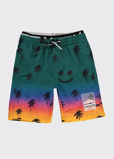 Shop Molo Boy's Neal Palm Tree Smiley Drawstring Swim Trunks In Summer Scrap
