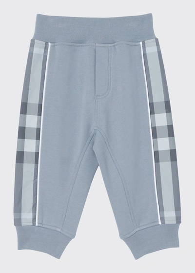 Shop Burberry Boy's Graham Check-insert Jogger Pants In Shale Blue