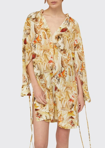 Shop Agnona Abstract Shell-print Silk Mini Kaftan Dress In Mayo