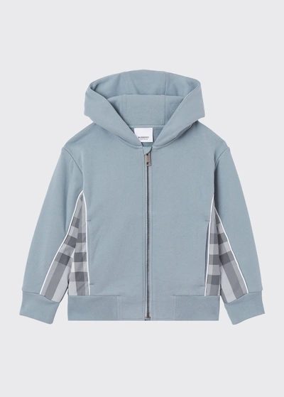 Shop Burberry Boy's Graham Check-insert Hoodie Jacket In Shale Blue