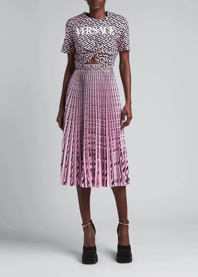 Shop Versace Logo-print Pleated Midi Skirt In Candyblack