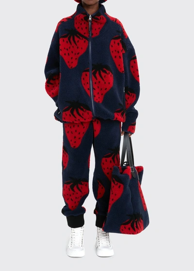 Shop Jw Anderson Strawberry Motif Drawstring Tapered Joggers In Navy/red