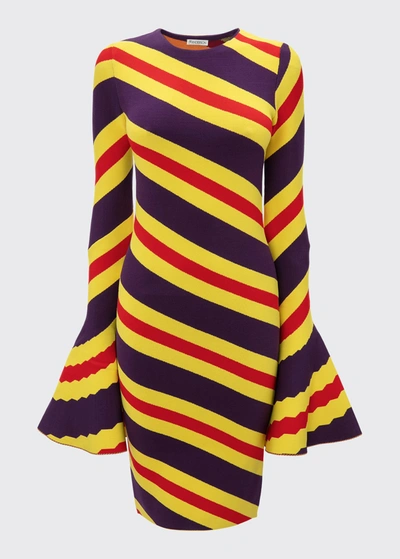 Shop Jw Anderson Striped Flare-sleeve Sheath Dress In Yellow/purple